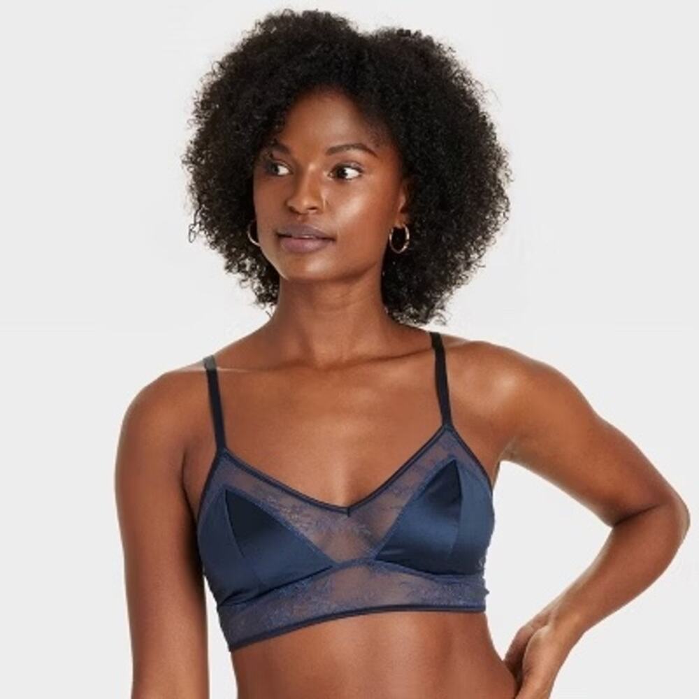 Auden NWT Women's Satin and Lace Longline Bralette Navy Blue Size L
